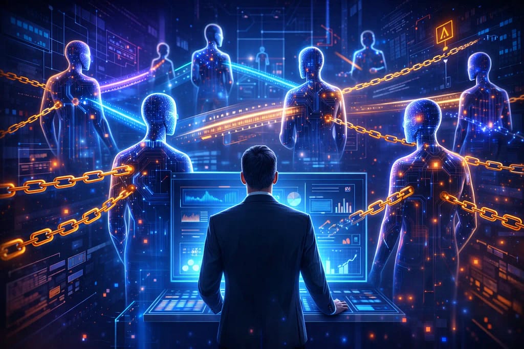 Autonomous AI agents operating in a corporate network with human oversight dashboard monitoring governance controls